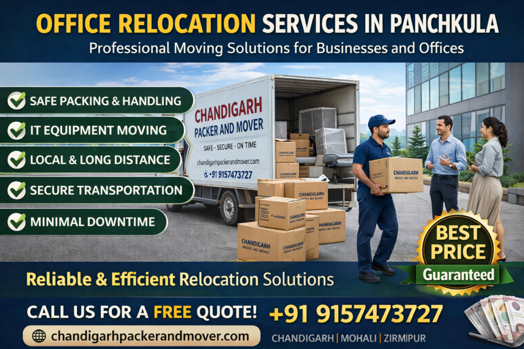 Chandigarh Packer and Mover offers professional office relocation services in Panchkula with expert packing, IT equipment handling, transportation and setup. We ensure safe, fast and efficient business relocation with minimal downtime.